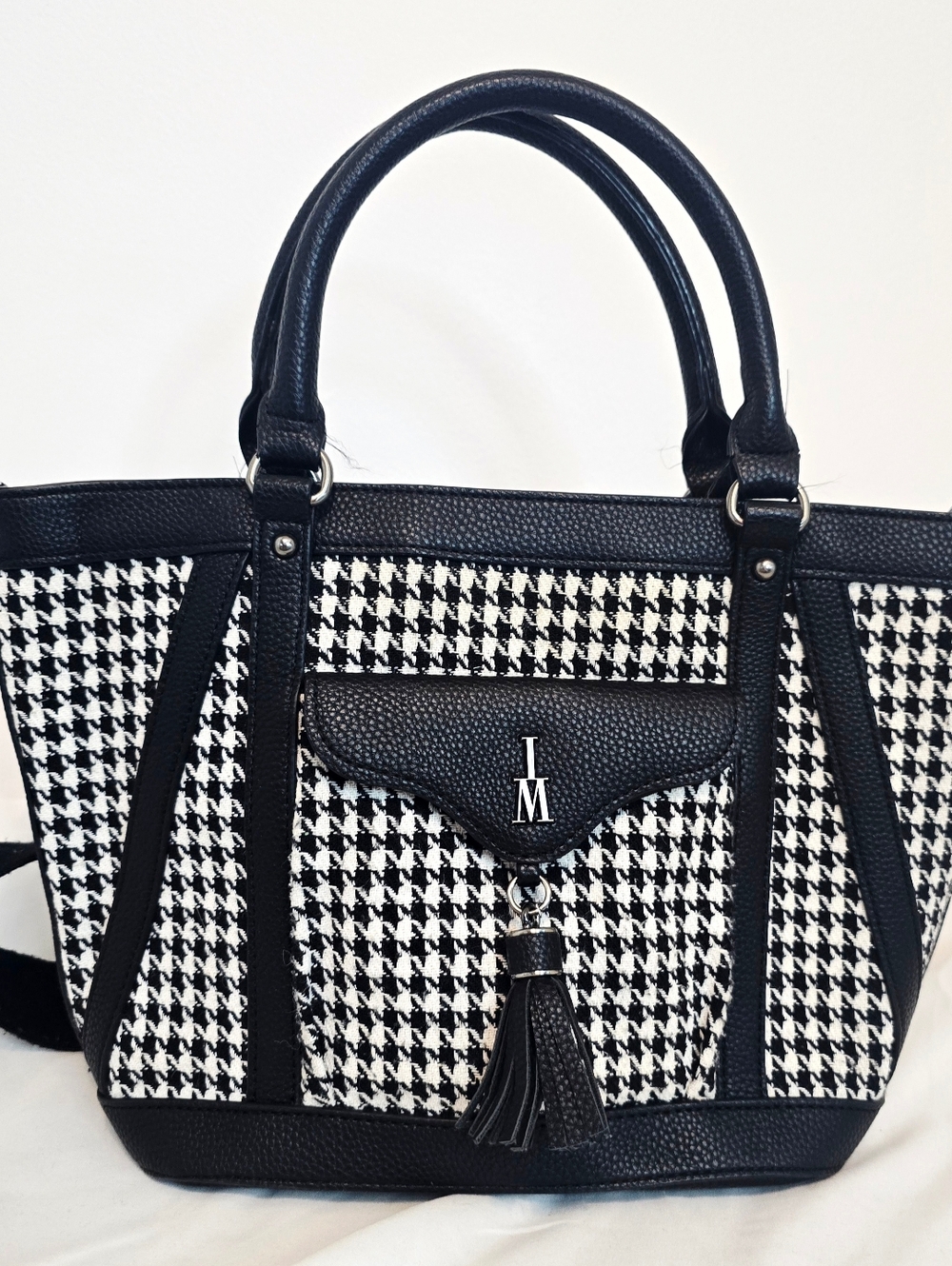 Isaac Mizrahi New York Houndstooth Satchel Black White Crossbody Tote Bag